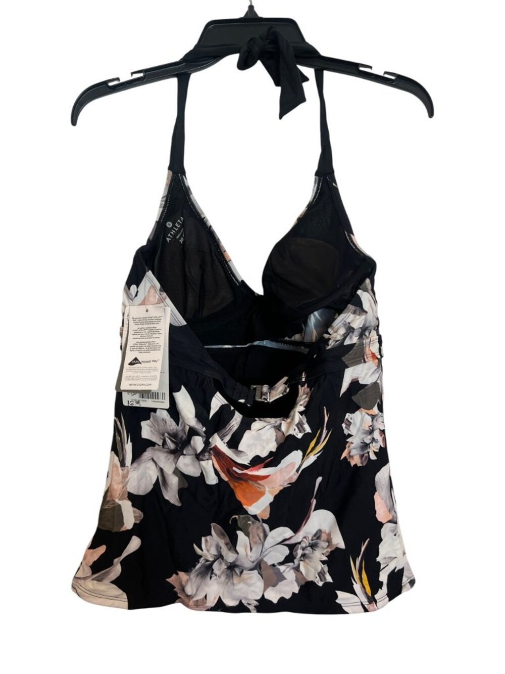 Athleta Black Floral Halter Tankini Top 36 B/C With Padded Cups & Adjustable Tie - Picture 2 of 6